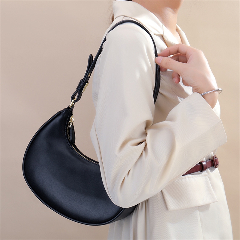 Metallic Detail Black Pu Leather Zipper Baguette Bag, Fashionable