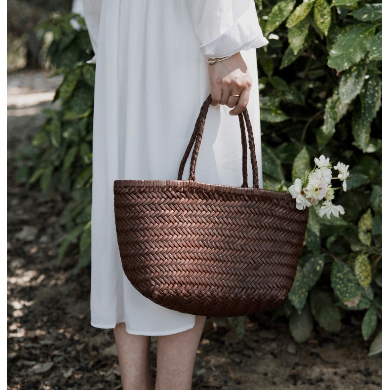 White Cow Leather Woven Tote Handbags