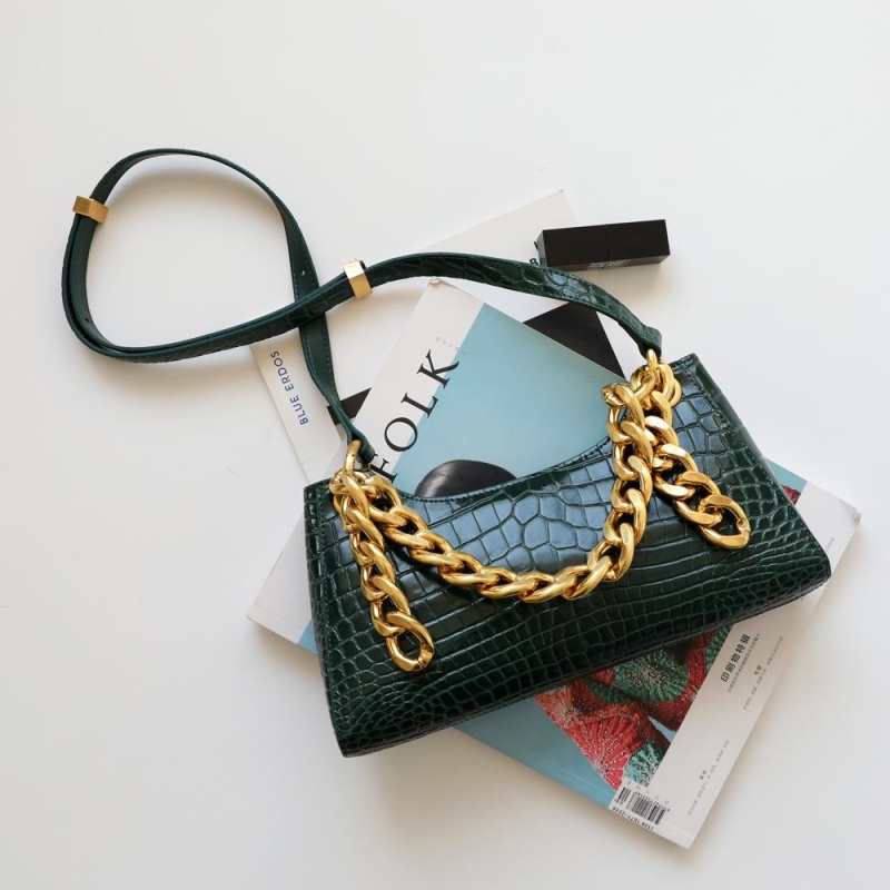 Green Croc Printed Gold Chains Shoulder Bags