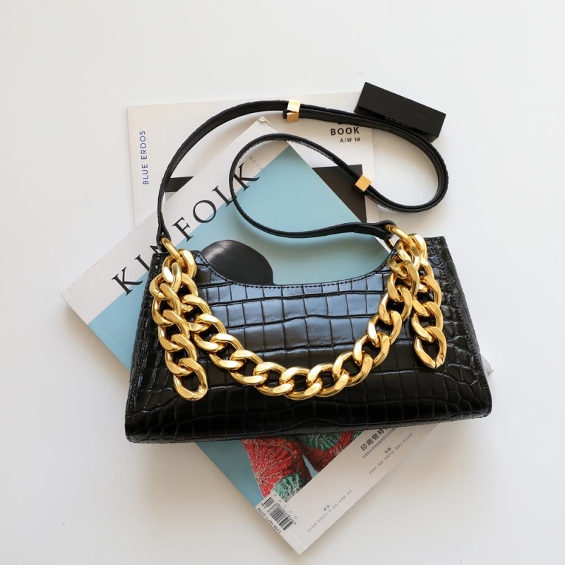 Green Croc Printed Gold Chains Shoulder Bags