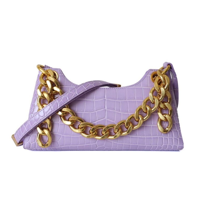 Light Purple Croc Printed Gold Chains Shoulder Bags