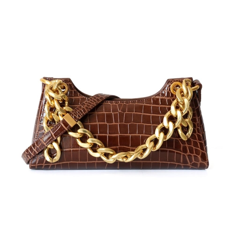 Brown Gold Chains Shoulder Bags