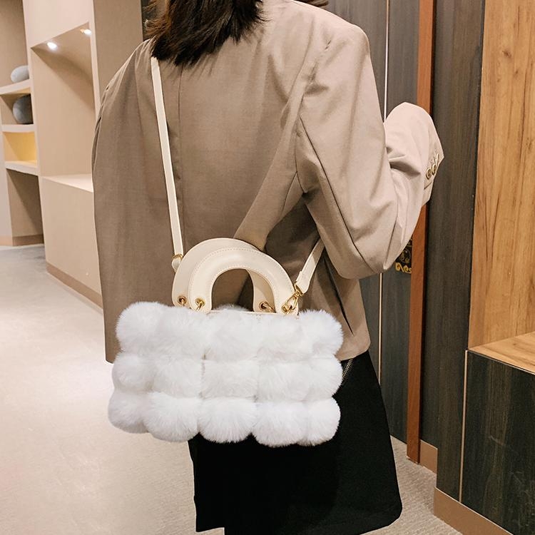White Faux Fur Hand Purse Pompom Shoulder Handbags