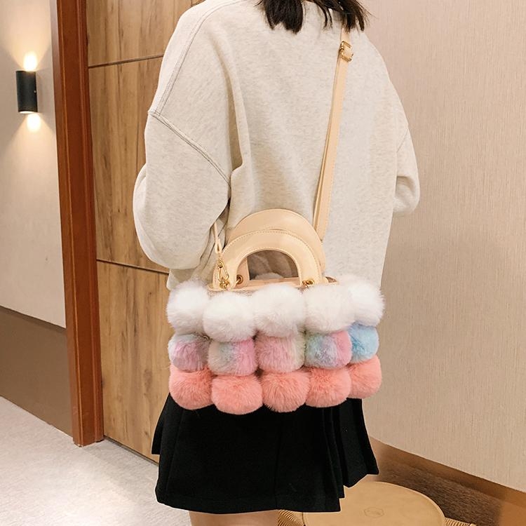 Pink Faux Fur Hand Purse Pompom Shoulder Handbags