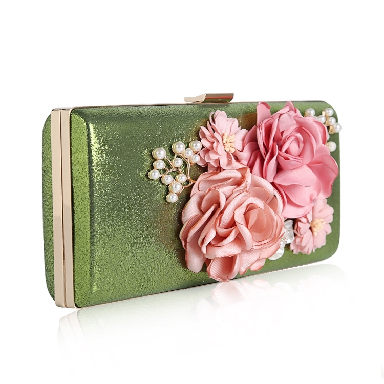 Green Flower Pearl Clutch Purse Ladies Rhinestone Evening Purse Wedding Bag