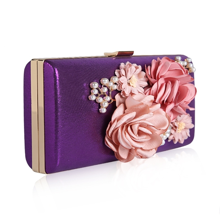Purple Flower Pearl Clutch Purse Ladies Rhinestone Evening Purse Wedding Bag