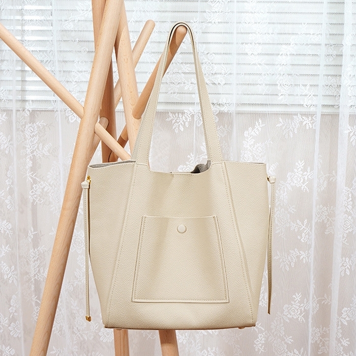 Beige Leather Large Tote Bag Top Handle Office Purse With Inner Pocket