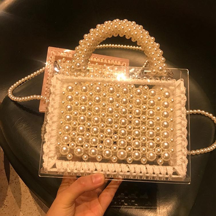White Pearl Acrylic Crossbody Beaded Bag Transparent Satchel Handbag