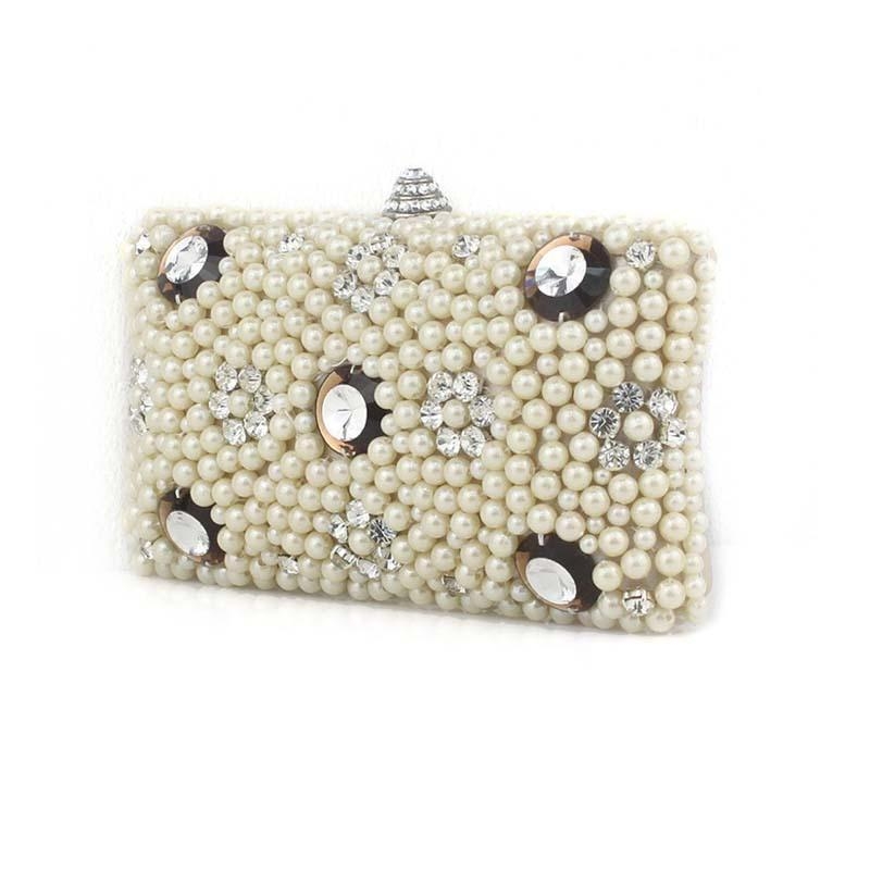 White Pearl and Rhinestone Box Clutch Evening Bags with Chain
