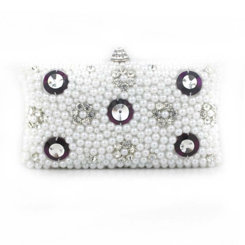White Pearl and Rhinestone Box Clutch Evening Bags with Chain