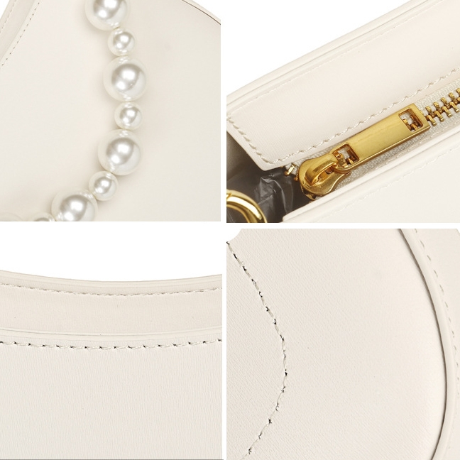 White Pearl Handle Leather Shoulder Bag Rippled Embossed Hand Purse