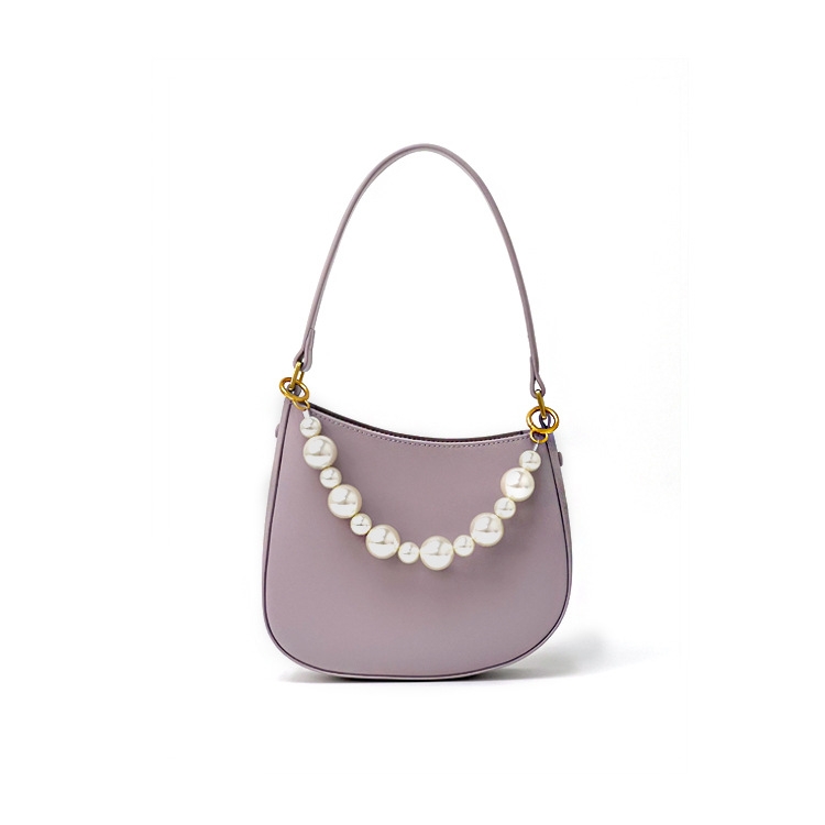Purple Pearl Handle Leather Shoulder Bag Rippled Embossed Hand Purse