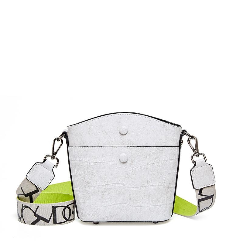 White Retro Croc-effect Leather Bucket Bag Wide Strap Crossbody Bag