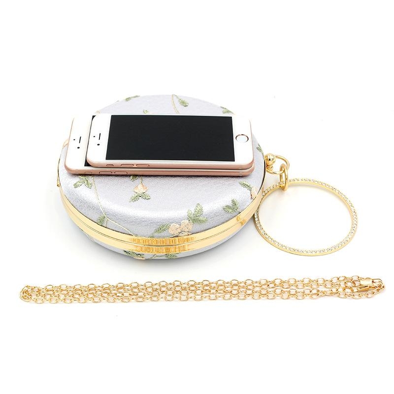 White Silk Embroidery Circle Clutch Purse Evening Bags with Handle