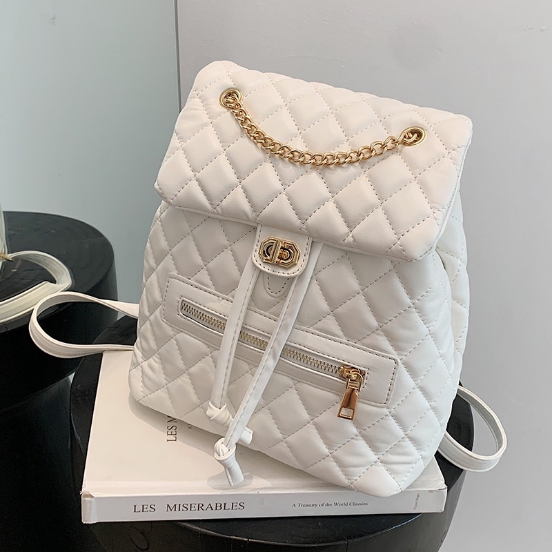 White Vegan Leather Backpacks Twist Lock Quilted Bags