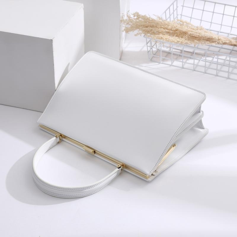 White Vintage Leather Handbags Multilayer Satchel Bag for Office Lady