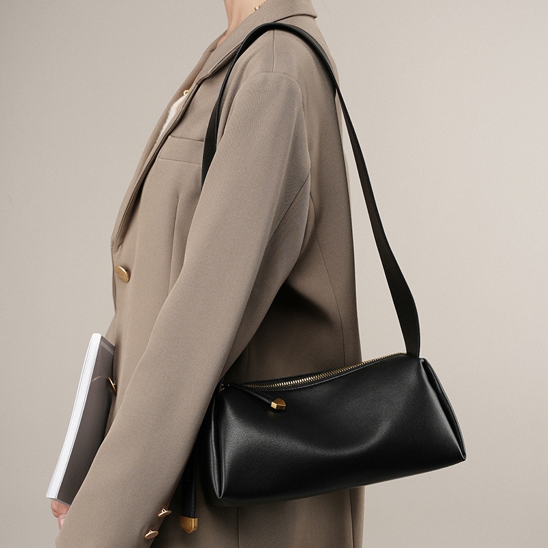 Black Wide Strap Leather Shoulder Bag Dress Purse for Work