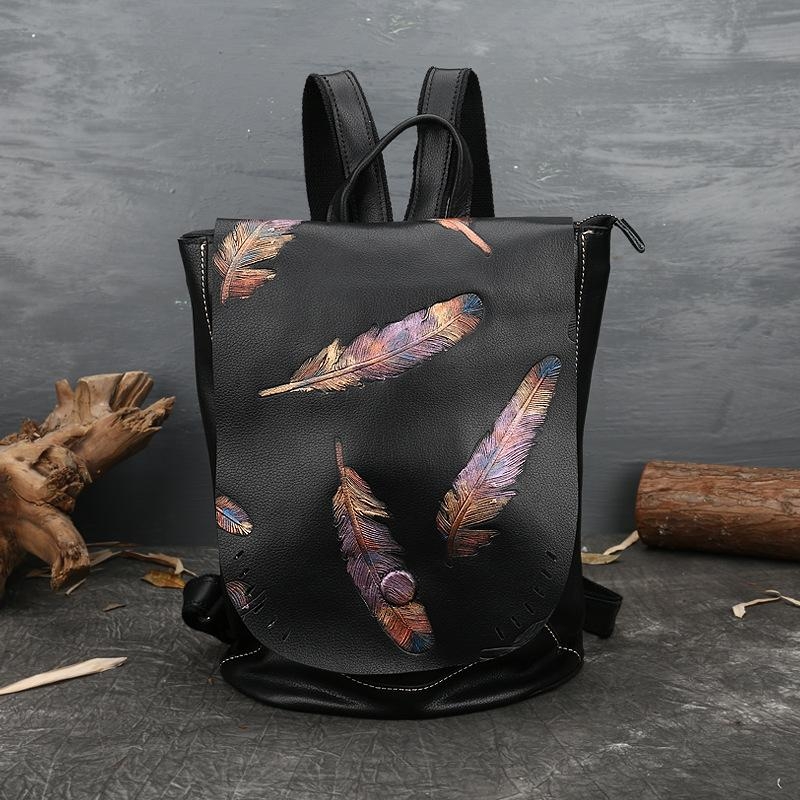 Black Leather Feather Embossed Travel Vintage Backpack Purse For Women