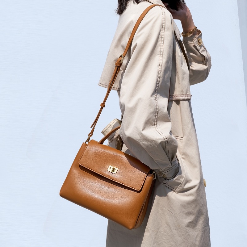 Women Brown Hi-Q Leather Top Handdle Satchel Bag Flap Handbags