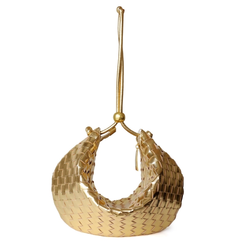 Women' Gold Leather Woven Half Moon Shoulder Bags