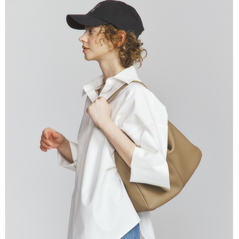 Women's Apricot Togo Leather One-Handle Shoulder Hobo Bags Zipper Handbag