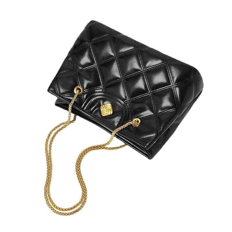 Women's Black Leather Big Size Chain Shoulder Quilted Bags