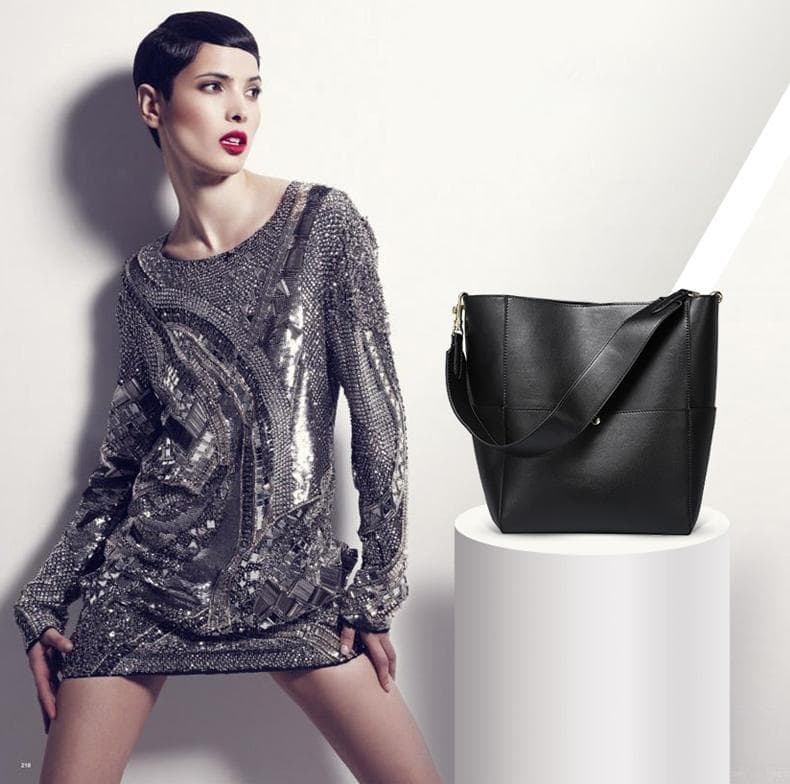 Women's Black Genuine Leather Shoulder Bucket Bag with Wide Strap 