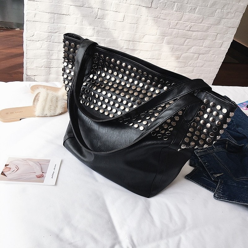 Women's Black Large Tote Bag with Studs