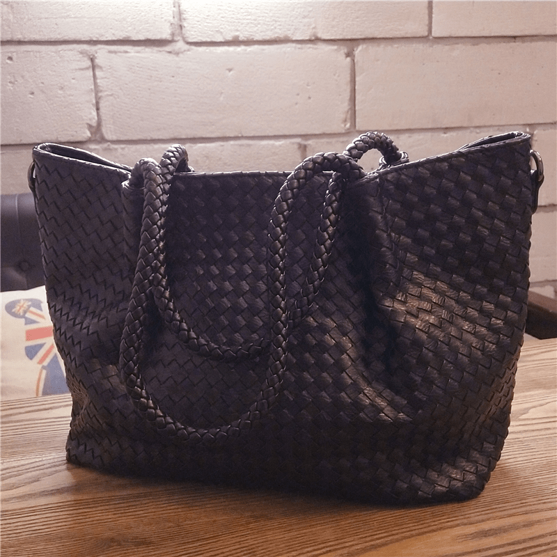 Women's Black Large Woven Vegan Leather Tote Bag Trendy Simply Handbag