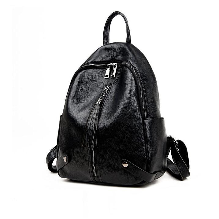 Women's Navy Leather Backpack Zipper School Backpack with Tassels