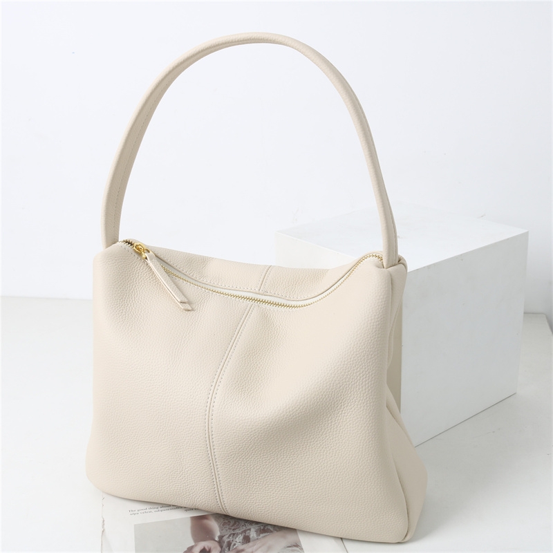 Women's White Leather  Litchi Pattern Shoulder Bag Tote Bag with Zipper