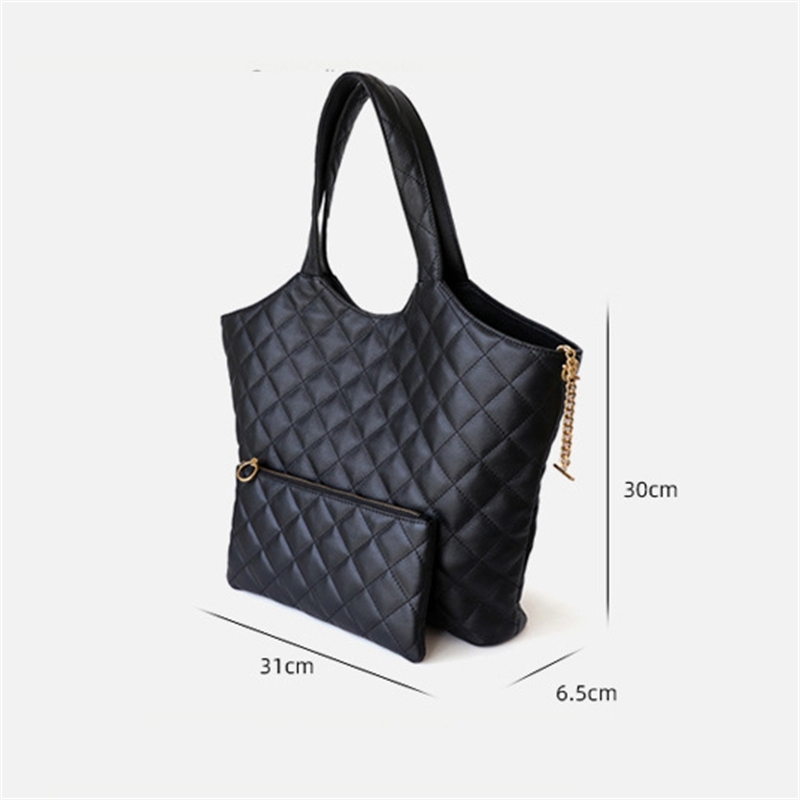 Women's Black Leather Quilted Tote Bag with Inner Purse