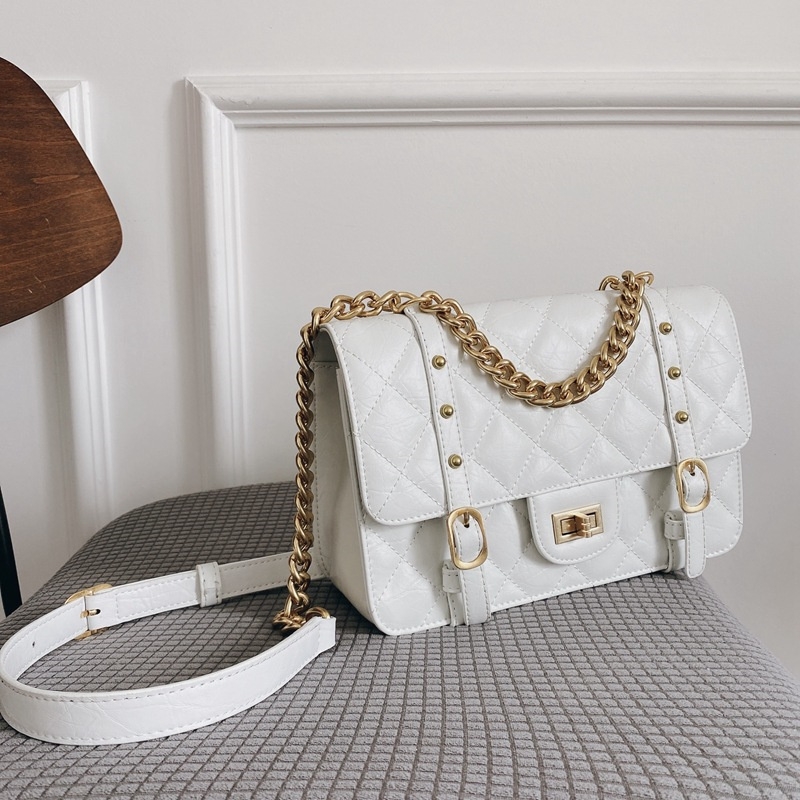 Women's White Leather Quilted Flap Bag Large Size with Chain 