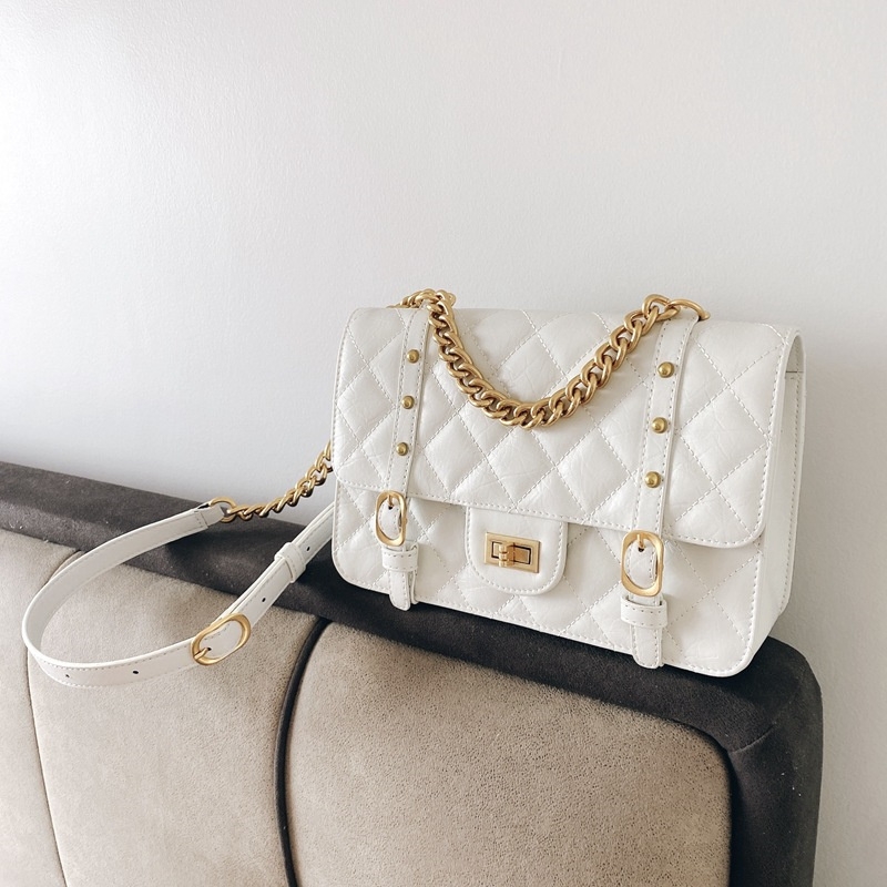 Women's White Leather Quilted Flap Bag Large Size with Chain 