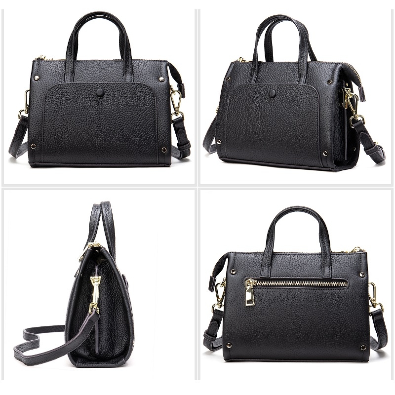 Women's Black Pocket Leather Handbags Office Bag