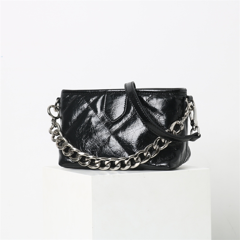 Women's Black Soft Leather Quilted Square Shoulder Bag with Chain