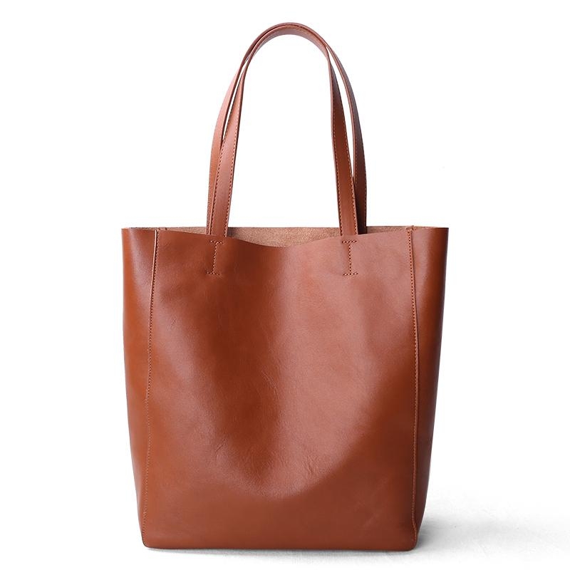 Women's Brown Vertical Genuine Leather Tote Bag Shoulder Shopper Bags