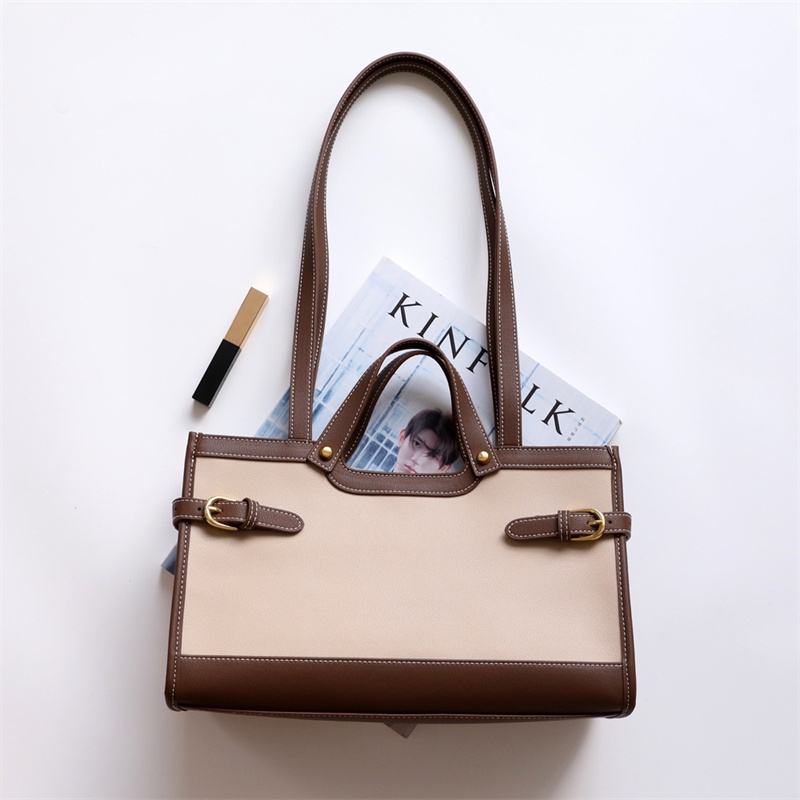 Women's Briefcase Dark Brown and White Leather Commuter Tote Bag