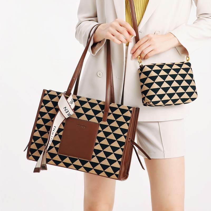 Women's Brown Cotton Woven Checkerboard Tote Bag with Inner Pouch