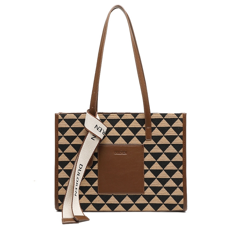Women's Brown Cotton Woven Checkerboard Tote Bag with Inner Pouch