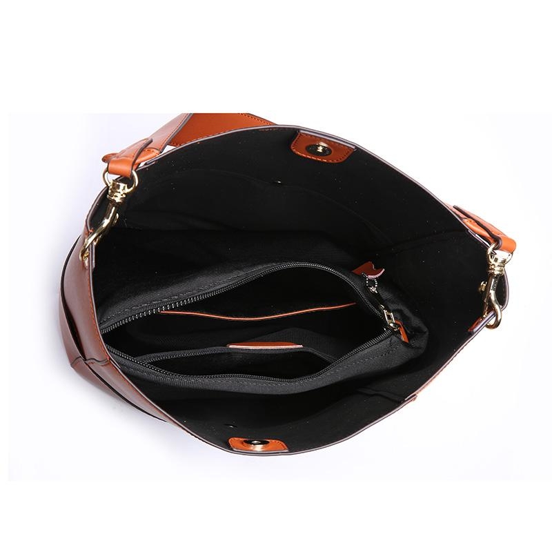 Women's Foldable Braided Handle Bucket Bags in Genuine Leather