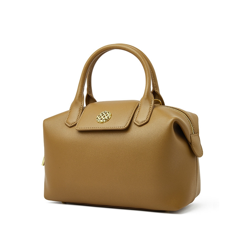 Women's Brown Leather Boston Handbag Large Size 