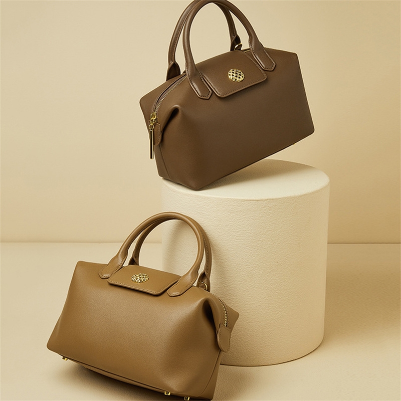 Women's Dark Brown Leather Boston Handbag Large Size 