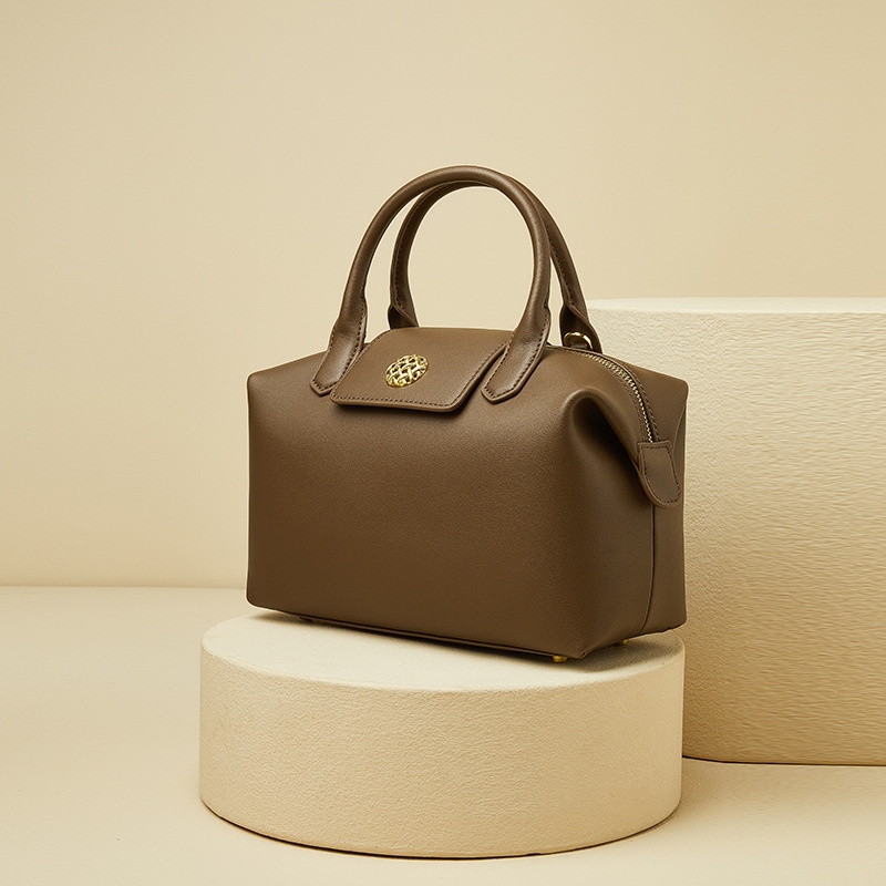 Women's Dark Brown Leather Boston Handbag Large Size 
