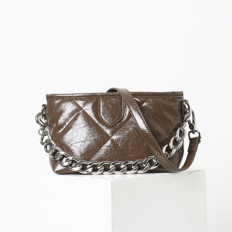 Women's Brown Soft Leather Quilted Square Shoulder Bag with Chain