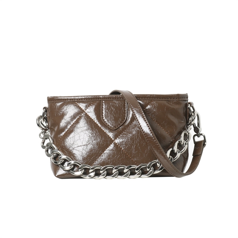 Women's Brown Soft Leather Quilted Square Shoulder Bag with Chain