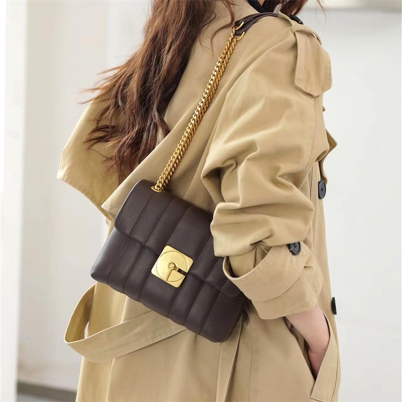 Women's Chocolate-Brown Leather Quilted Bag Flap Square Chain Shoulder Bags Big Size