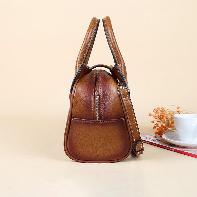 Women's Gradient Brown Cow Leather Retro Handbag Satchel Bags