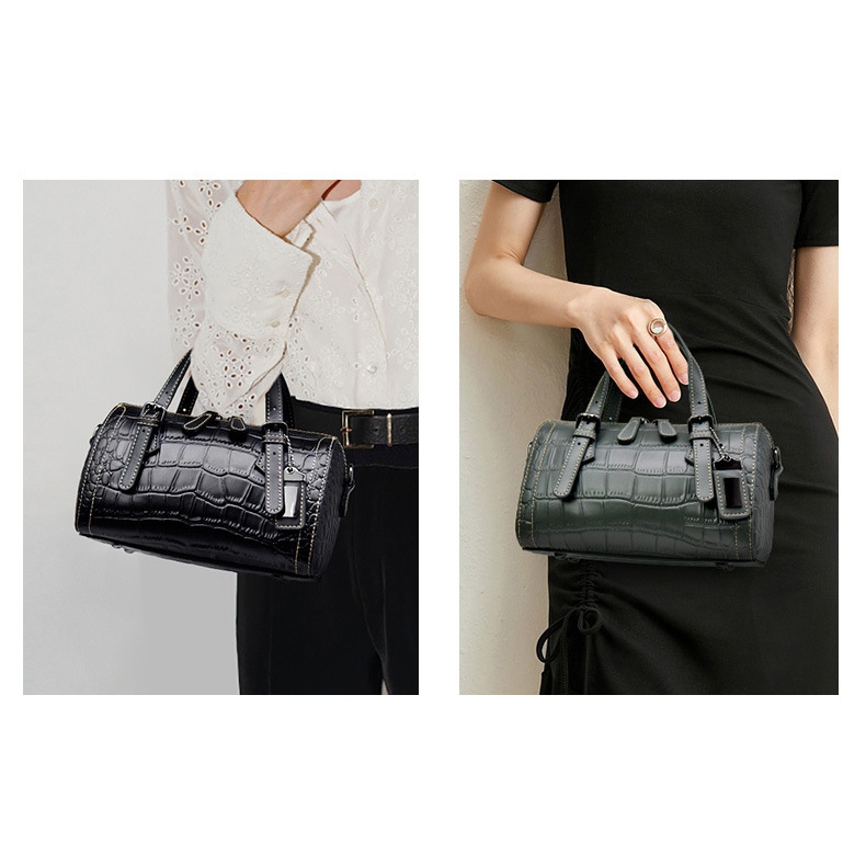 Women's Black Croc Printed Leather Boston Handbags