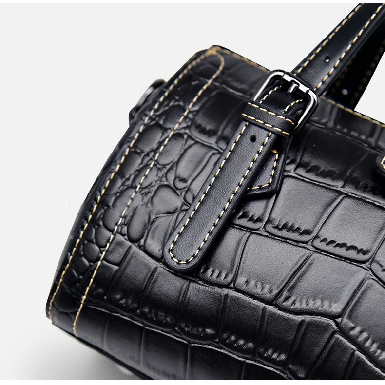 Women's Black Croc Printed Leather Boston Handbags